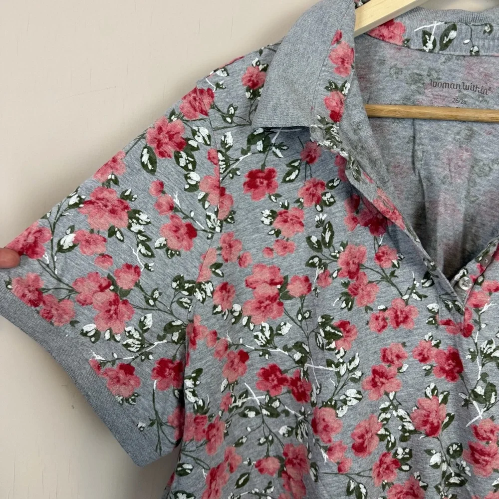 Woman Within Polo Top 4X 2X 26/28 Short Sleeve Casual Shirt Gray Floral Printed - Picture 5 of 10